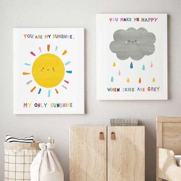 You Are My Sunshine, Set of 2, Nursery Print, Rainbow, Cloud, Quote, Lullaby, Baby, Kids Room, Playroom, Nursery Decor, Digital Printable