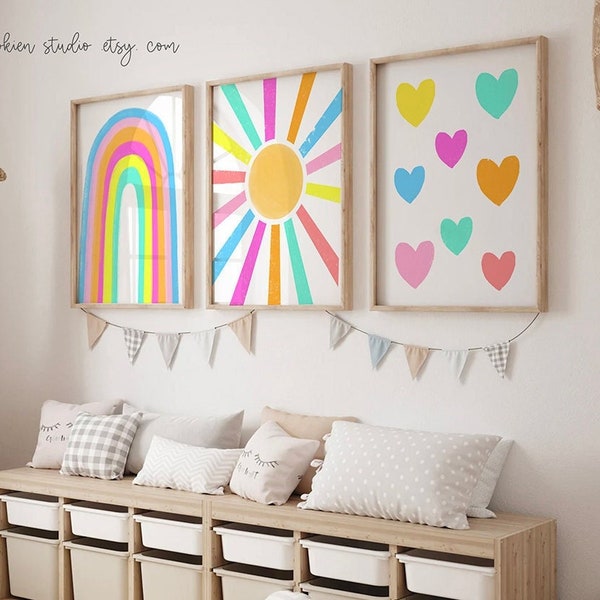 Rainbow Hearts Sunshine Wall Colorful wall art, Neon Pastel playroom, Neon bright art prints, colorful Neon Colored wall art, twins bedrooms