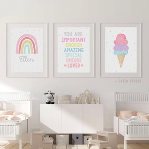 Pastel Rainbow and ice cream wall art for  Girl Room: Custom Name Art Print (Digital Download)