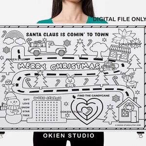 May include: Black and white printable Christmas activity sheet with a word search, maze, and coloring page. The sheet features Santa Claus, a snowman, a reindeer, and a candy cane. The text on the sheet reads "Santa Claus is comin' to town" and "Merry Christmas".
