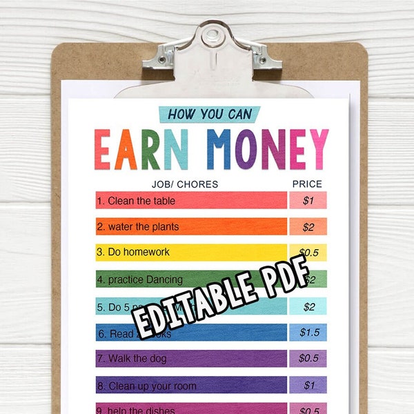 Kids Chore and Allowance Chart, Summer routine reward, Printable Editable Kids Chore and Responsibility Chart, Earn Money Routine Chart