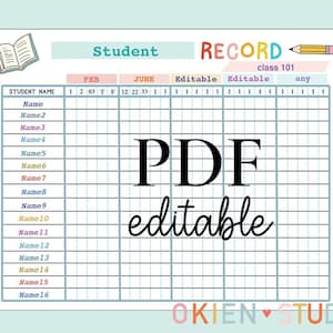 Può includere: Un foglio di registrazione degli studenti stampabile con uno schema di colori blu, rosa e giallo. Il foglio è etichettato "Student Record" e include colonne per i nomi degli studenti, le date e le caselle di controllo. Il testo "PDF editable" è scritto in corsivo nero.
