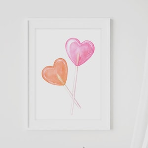 Art mural sucette coeur, aquarelle art sucette coeurs, art aquarelle de bonbons pour petite fille nouveau-née, art rose pour chambre de bébé et art de bonbons coeurs