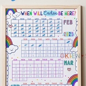 Calendário de contagem regressiva personalizado para bebê menino, calendário de contagem regressiva para chegada do bebê, pôster de contagem regressiva para gravidez para menino, calendário de bebê arco-íris