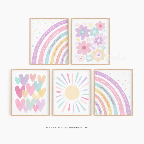 Pastel Rainbow Sun Hearts Nursery set of 5, Pastel pink purple Nursery Wall Art, Rainbow playroom, Pastel Girls Room, pastel daisy flowers