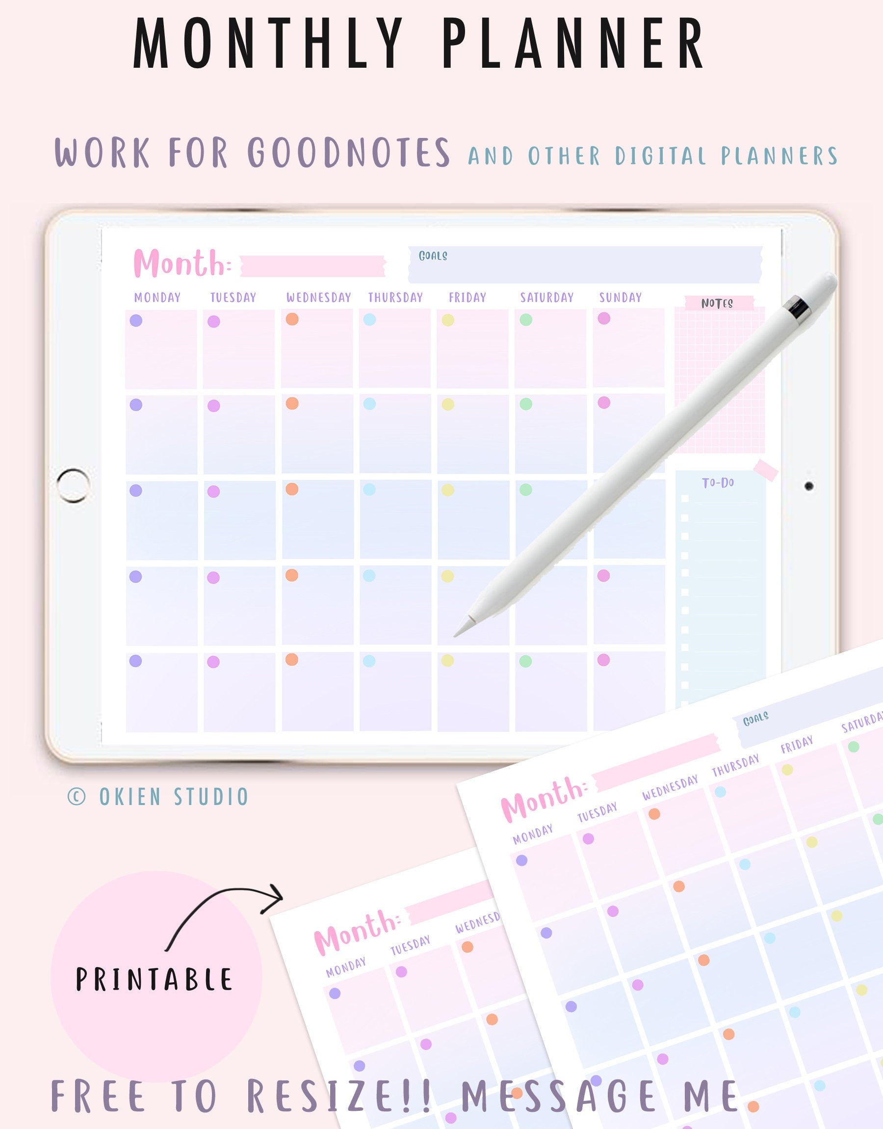 Monthly Planner, Printable & Goodnotes, Unicorn Color