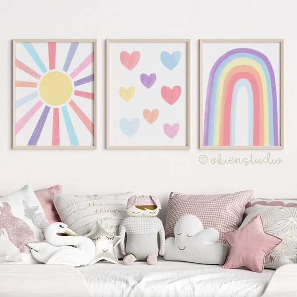 Pastel Rainbow Sun Hearts Set of 3 Nursery Art Prints, Weather Nursery Wall Art, Rainbow wall art, Pictures for Girls Room, pink nursery art