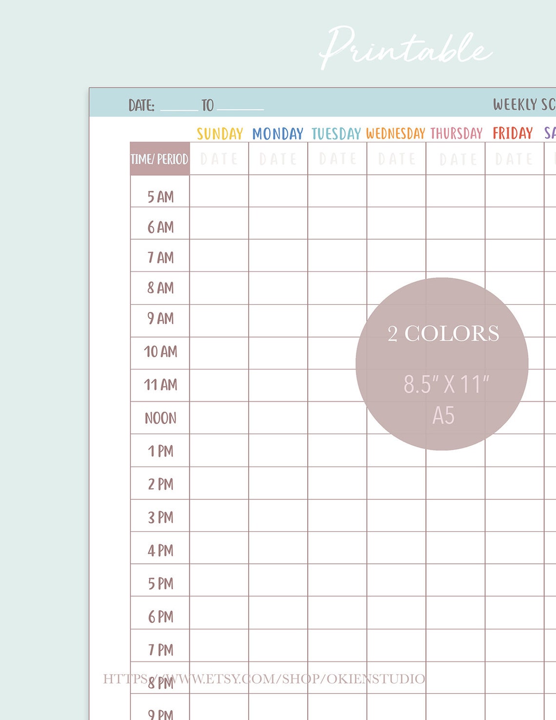 Weekly Calendar Printable Time Slot 5am Through 11pm 2