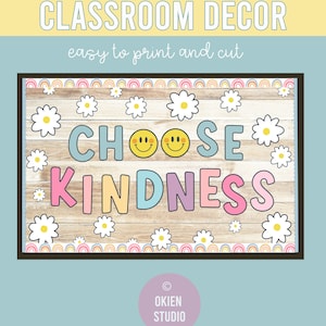 Rostos sorridentes Escolha a decoração da sala de aula da bondade, quadro de avisos boho com margaridas sorridentes, sala de aula Daisy Spring, quadro de avisos dos meses da bondade