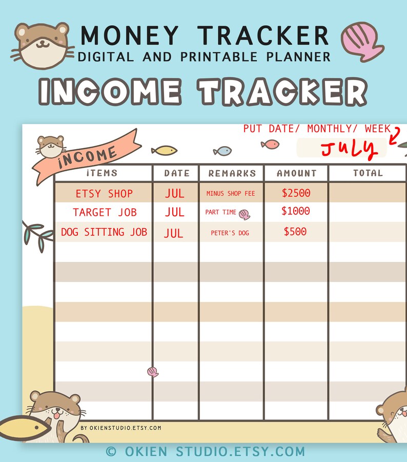 K&ouml;nnte beinhalten: Ein druckbarer Einkommenstracker mit einer niedlichen Otter-Illustration. Der Tracker hat Spalten f&uuml;r Artikel, Datum, Bemerkungen, Betrag und Gesamt. Der Monat ist Juli.
