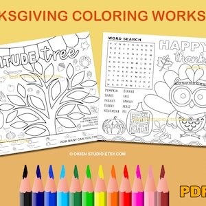 Thanksgiving Placemats Kids, Thanksgiving coloring placemat, Turkey Coloring Sheet, Gratitude tree activity, Thanksgiving worksheets, Fall