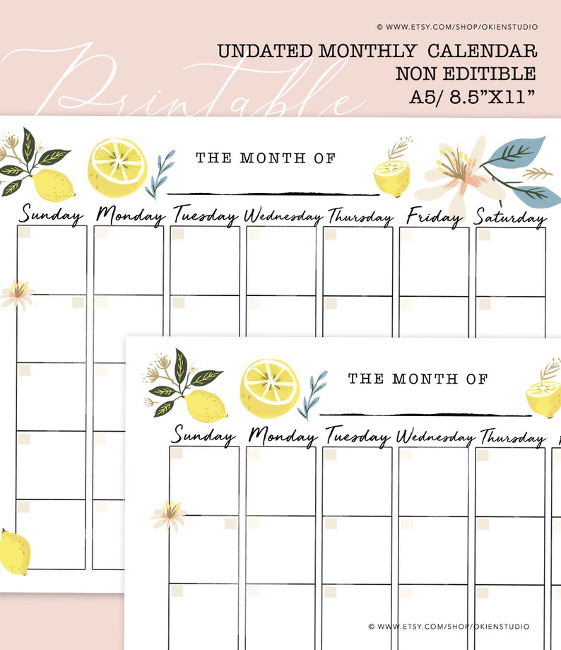 Summer Monthly Calendar Lemon Monthly Planner Lemon | Etsy