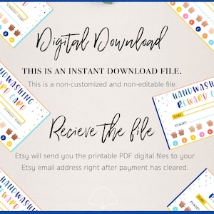 May include: A printable digital download for a handwashing reward chart. The chart features a colorful design with confetti and hand icons. The text "Handwashing Reward Card" is displayed on the chart. The text "This is an instant download file. This is a non-customized and non-editable file." is also displayed.