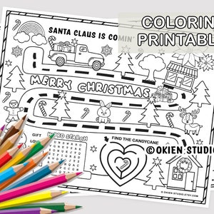 May include: A black and white printable coloring page featuring a Christmas-themed maze with Santa Claus, a reindeer, a gingerbread man, candy canes, and a Christmas tree. The maze is titled "Merry Christmas" and includes a word search and a "Find the Candycane" activity. The page is titled "Coloring Printable" and includes the copyright information "&copy;OKIEN STUDIO".