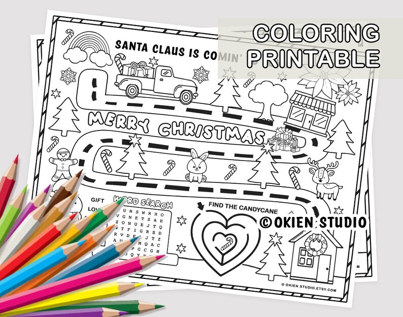 May include: A black and white printable coloring page featuring a Christmas-themed maze with Santa Claus, a reindeer, a gingerbread man, candy canes, and a Christmas tree. The maze is titled "Merry Christmas" and includes a word search and a "Find the Candycane" activity. The page is titled "Coloring Printable" and includes the copyright information "&copy;OKIEN STUDIO".