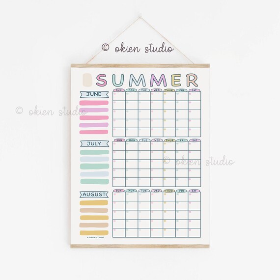 Pastel Summer Poster, Monthly calendar, 2025 Planner, Summer holidays, Summer schedule, Summer calendar for kids, Summer calendar poster art