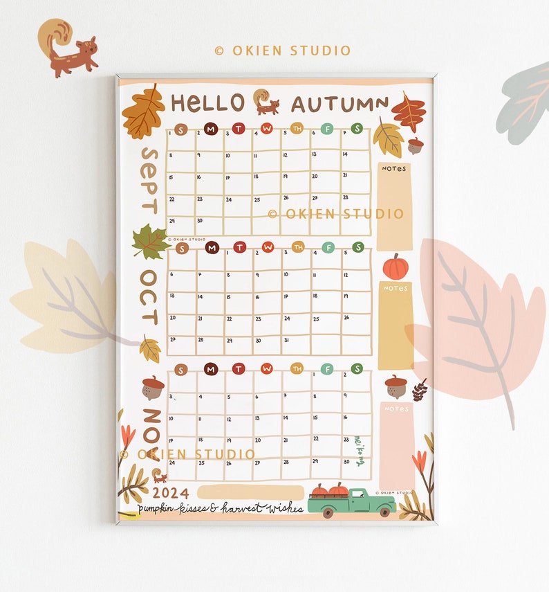 Puede incluir: Un calendario imprimible para septiembre, octubre y noviembre de 2024 con un tema oto&ntilde;al. El calendario presenta ilustraciones de calabazas, hojas, bellotas y un cami&oacute;n. El texto "Hello Autumn" est&aacute; en la parte superior del calendario. El texto "Pumpkin kisses & harvest wishes" est&aacute; en la parte inferior del calendario.
