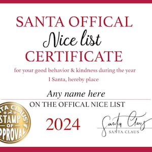 Carta de Papá Noel para niños, certificado de Papá Noel para imprimir, lista de Papá Noel para niños 2024, carta de Navidad 2024, carta de Papá Noel para niños, PDF editable