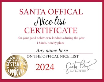Editable Santa Nice List Certificate: Printable Christmas Letter (PDF Download)