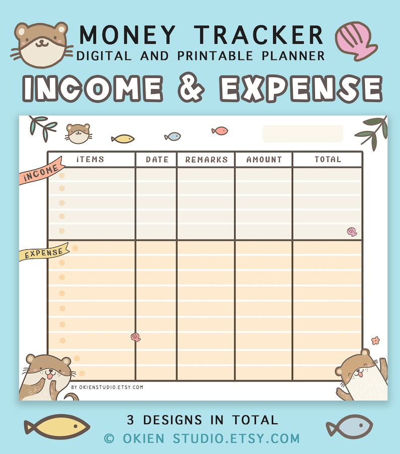 K&ouml;nnte beinhalten: Ein druckbarer Geld-Tracker-Planer mit einem niedlichen Otter-Design. Der Planer ist in Abschnitte f&uuml;r Einnahmen und Ausgaben unterteilt, mit Spalten f&uuml;r Artikel, Datum, Bemerkungen, Betrag und Gesamtbetrag. Der Planer ist perfekt, um Ihre Finanzen zu verfolgen und im Budget zu bleiben.