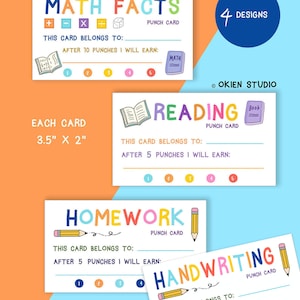 印刷可能な報酬パンチカード、数学の事実、読書報酬カード、クーポン報酬、子供報酬カード、宿題パンチカード、ホームスクール報酬カード