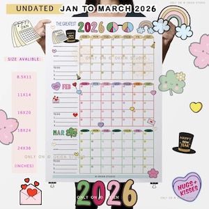 2026 Jan-März Kalenderposter: Undatiert Monatsplaner (Digitaler Download)