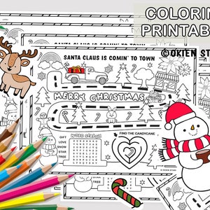 May include: A black and white printable coloring page featuring a Christmas theme. The page includes a word search, a maze, and illustrations of Santa Claus, a snowman, a reindeer, and a Christmas tree. The text "Santa Claus is comin' to town" and "Merry Christmas" are included on the page.