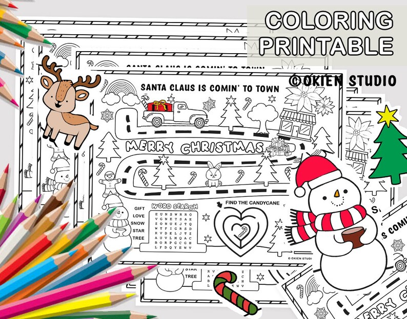 May include: A black and white printable coloring page featuring a Christmas theme. The page includes a word search, a maze, and illustrations of Santa Claus, a snowman, a reindeer, and a Christmas tree. The text "Santa Claus is comin' to town" and "Merry Christmas" are included on the page.
