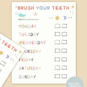 May include: A printable chart with a colorful design to help children track their daily tooth brushing routine. The chart includes a toothbrush and toothpaste graphic, a sun and moon graphic, and a checklist for each day of the week. The text on the chart reads "Brush Your Teeth" and "Teeth".