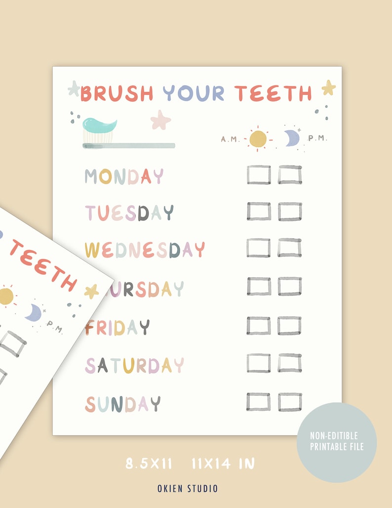 May include: A printable chart with a colorful design to help children track their daily tooth brushing routine. The chart includes a toothbrush and toothpaste graphic, a sun and moon graphic, and a checklist for each day of the week. The text on the chart reads "Brush Your Teeth" and "Teeth".