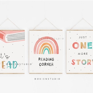 May include: Three colorful printable wall art prints with a book, rainbow, and text that reads "Just One More Story".