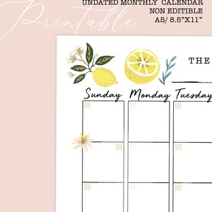 Summer Monthly Calendar, Lemon Monthly Planner, Lemon Calendar ...