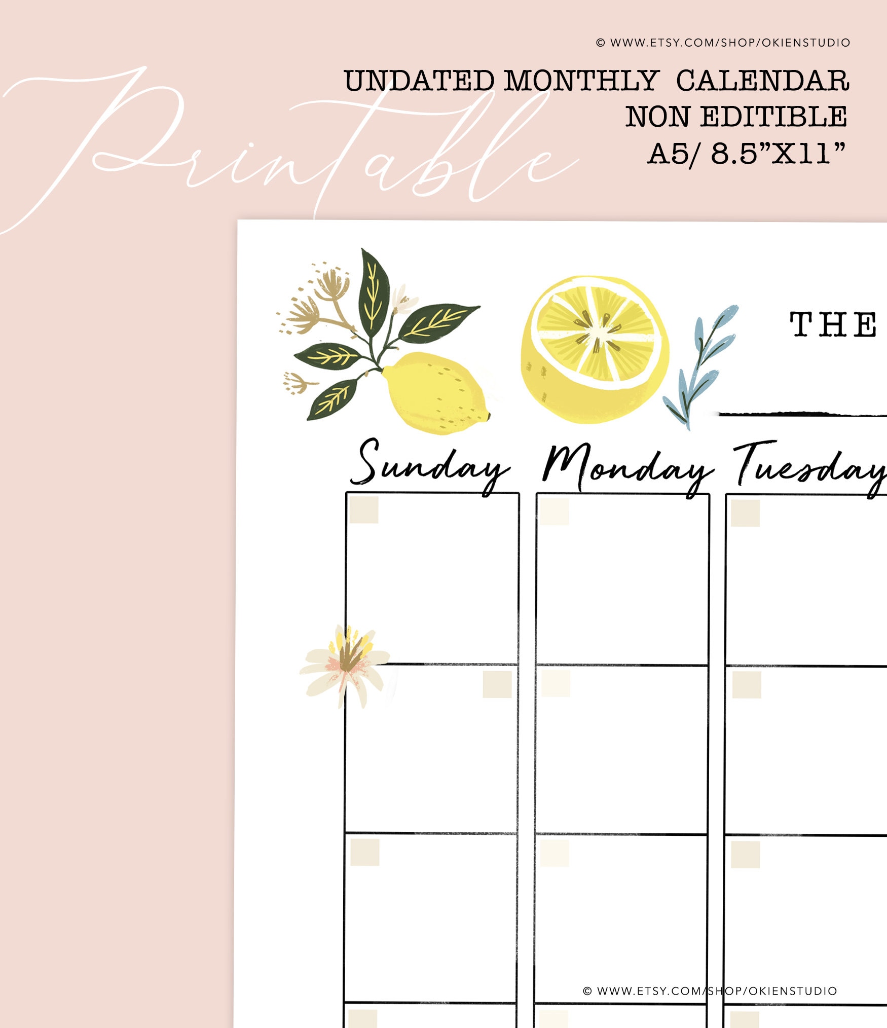 Summer Monthly Calendar Lemon Monthly Planner Lemon Etsy