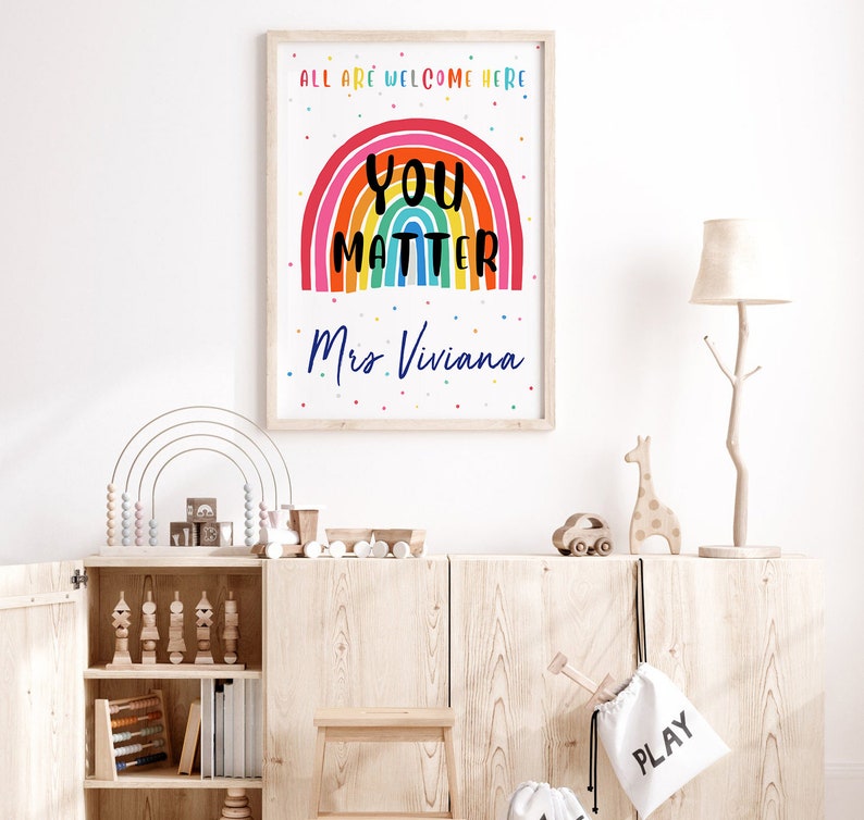 May include: A colorful rainbow with the words "You Matter" and the text "All are welcome here" above the rainbow. The text "Mrs. Viviana" is below the rainbow. The background is white with colorful confetti.