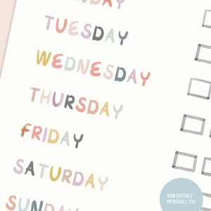 May include: A printable checklist with the days of the week written in colorful, stylized lettering. Each day has a blank square next to it for checking off tasks. The text "NON-EDITIBLE PRINTABLE FILE" is at the bottom right corner of the page.