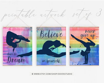 Set van 3 pastelkleurige gymnastiekmuurkunst – kleurrijke meisjeskamerdecoratie (digitale download)
