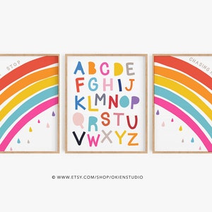 Set of 3-  Colorful Rainbow nursery poster, alphabet printable, colorful kids room, happy art printable, nursery baby, half rainbow wall art