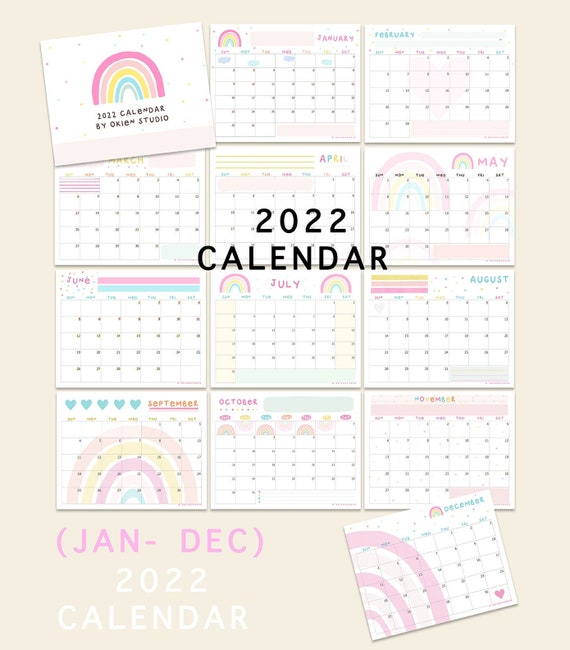 2022 calendar printable boho rainbow calendar desktop etsy