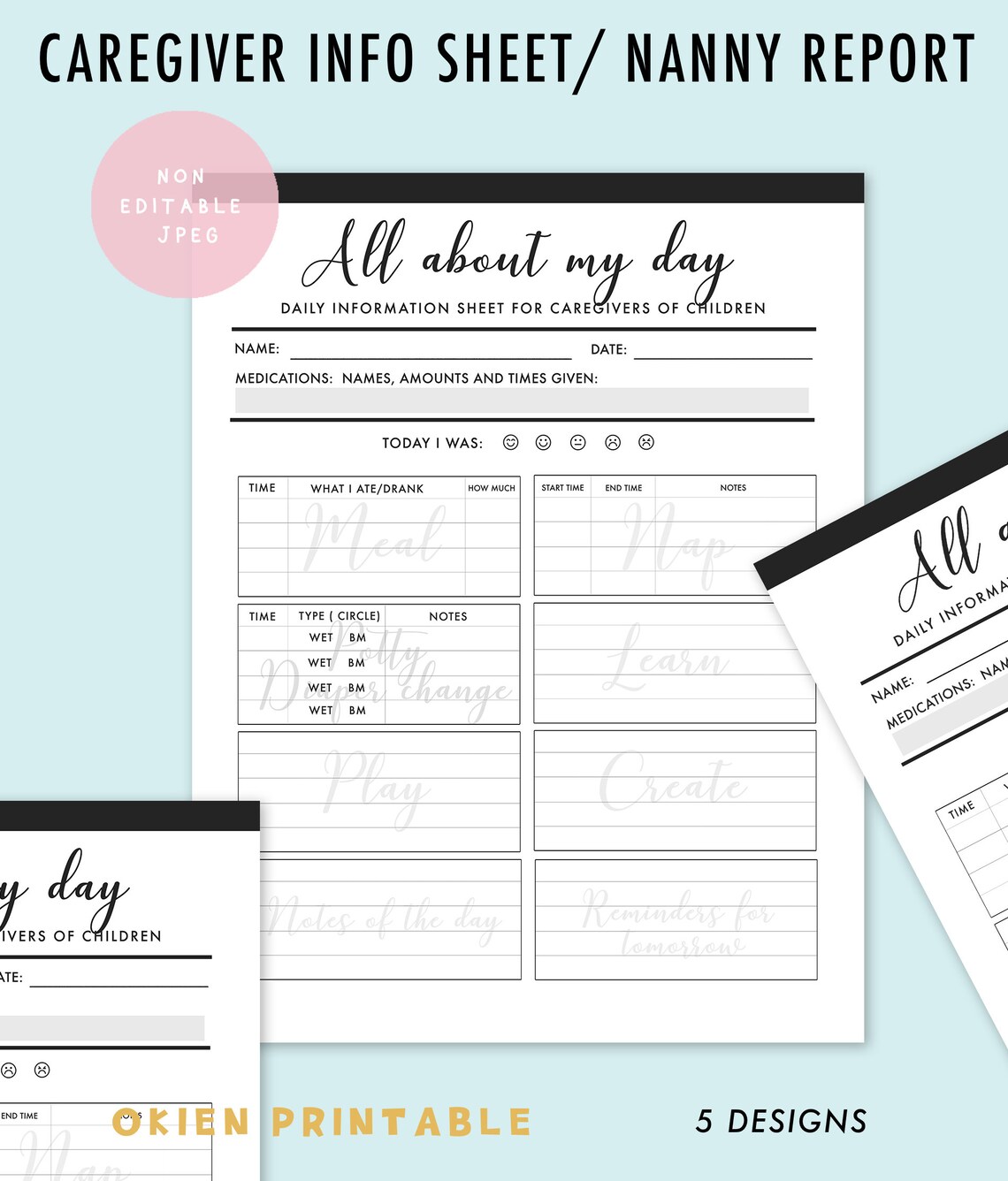 Printable Nanny Log 5 Designs Daily Infant Care Sheet | Etsy