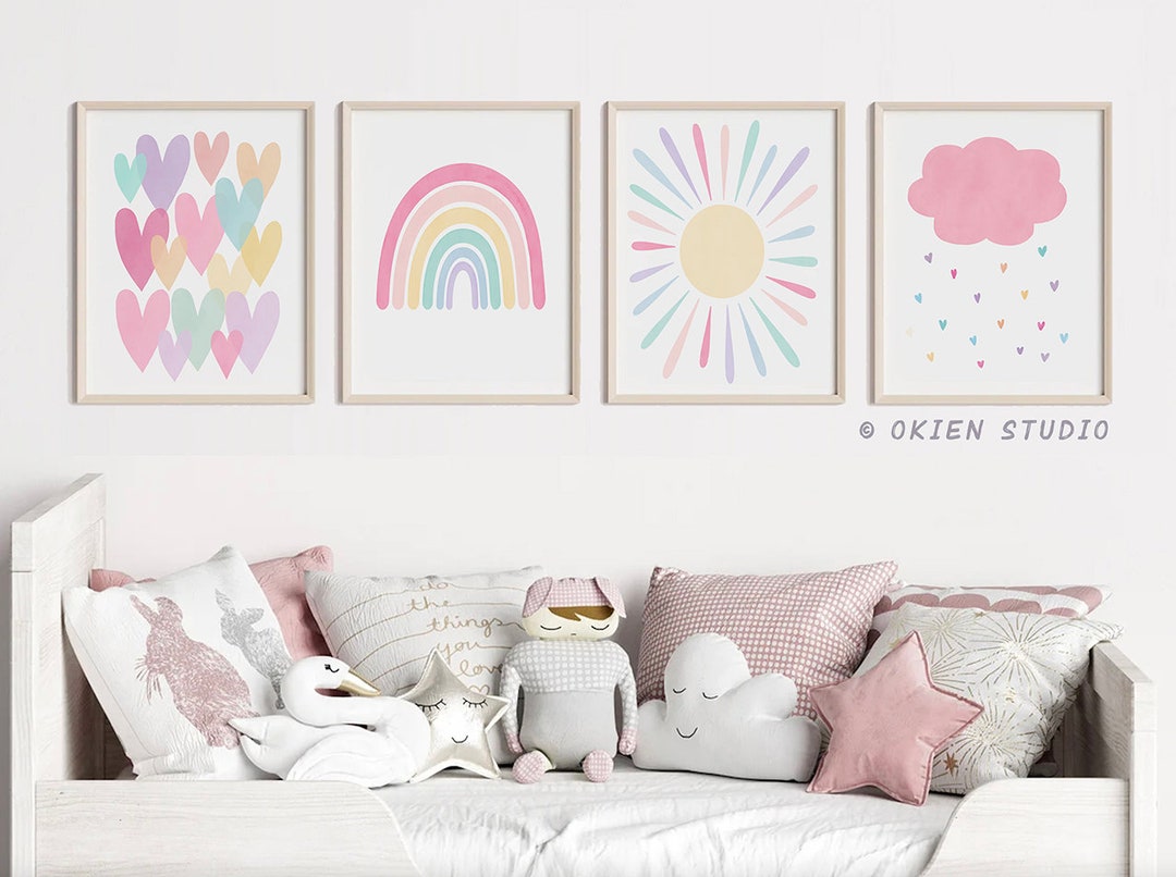 Pastel Rainbow Nursery Art Prints: Sun, Hearts, Cloud in Pink for