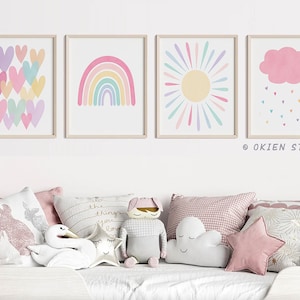 Pastel Rainbow Sun Hearts Cloud Nursery Art Prints, Weather Nursery Wall Art, Rainbow art set, Pastel Girls Room decor, pink nursery art set