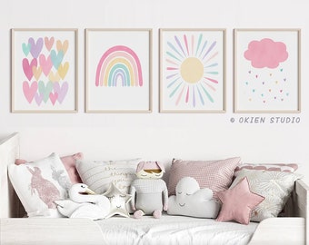 Pastel Rainbow Sun Hearts Cloud Nursery Art Prints, Weather Nursery Wall Art, Rainbow art set, Pastel Girls Room decor, pink nursery art set