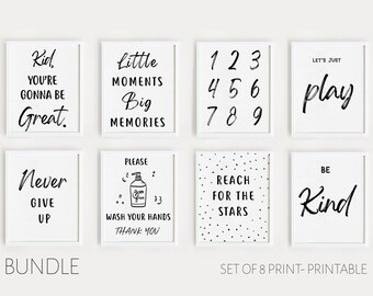 Playroom Wall Art Prints: Set of 8 Black and White Nursery Decor (Digital Download)
