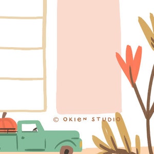 May include: A green vintage pickup truck with a pumpkin in the bed, driving past a pink and white building with a window. The truck is on a dirt road with brown and orange leaves on the ground. The text "OKIEN STUDIO" is visible in the lower right corner of the image.