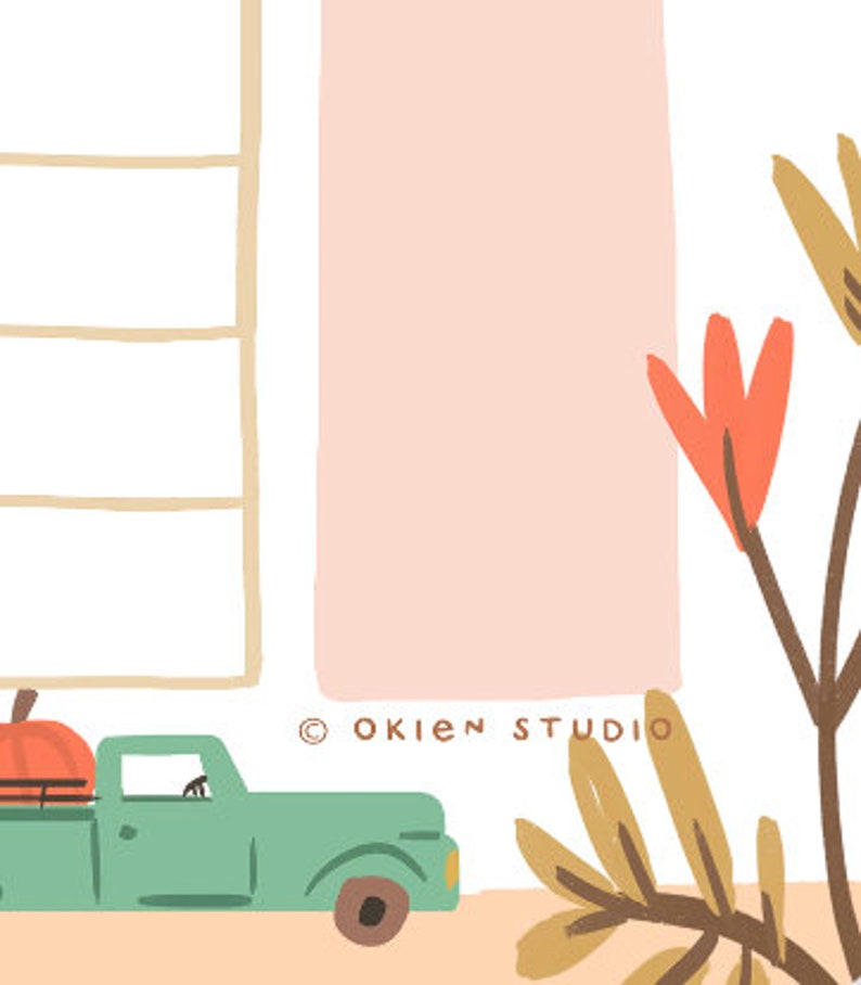 May include: A green vintage pickup truck with a pumpkin in the bed, driving past a pink and white building with a window. The truck is on a dirt road with brown and orange leaves on the ground. The text "OKIEN STUDIO" is visible in the lower right corner of the image.