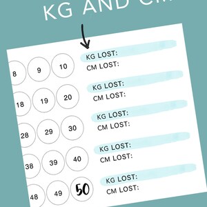 May include: A printable chart with circles numbered 8 to 50 in increments of 10.  The chart is designed to track weight and height loss in kilograms and centimeters.  The chart has the text "KG AND CM" at the top and "AVAILABLE IN A4 SIZE" at the bottom.