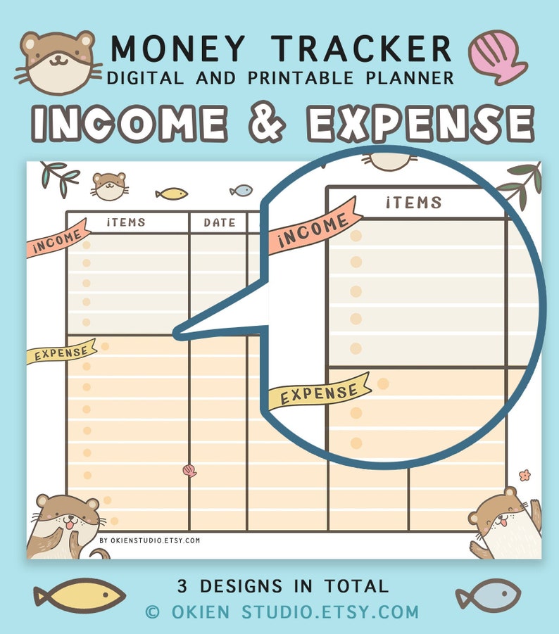 K&ouml;nnte beinhalten: Ein druckbarer Planer mit einem niedlichen Otter-Design. Der Planer ist in Abschnitte f&uuml;r Einnahmen und Ausgaben unterteilt, mit Platz zum Auflisten von Artikeln und Daten. Der Text "MONEY TRACKER" und "INCOME & EXPENSE" befindet sich oben auf dem Planer.