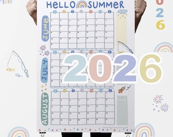 Póster del calendario de verano de 2026: Planificador de actividades de junio a agosto (descarga digital)