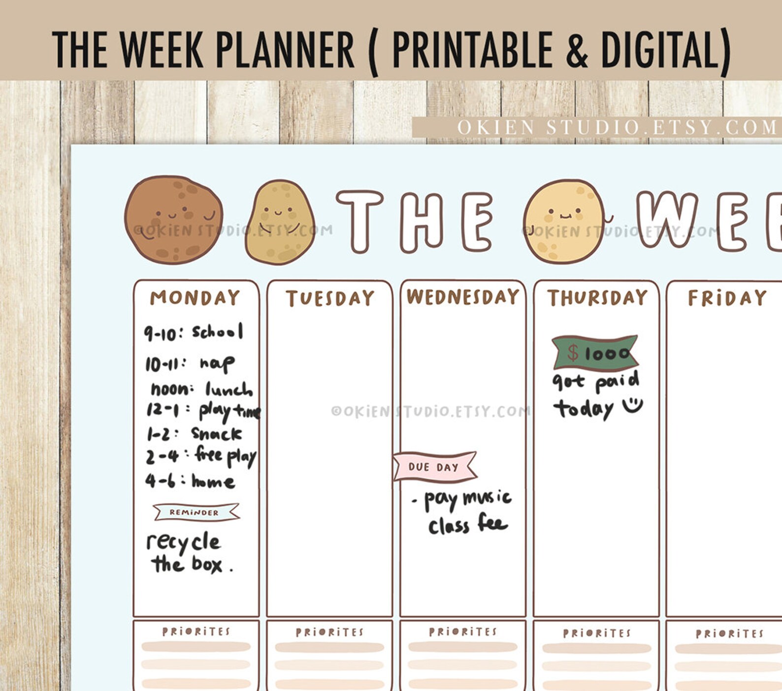 Potato Weekly Planner Printable Weekly Planner Budget - Etsy