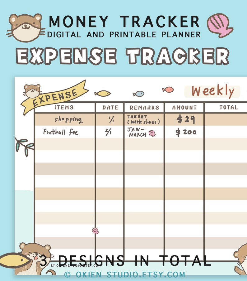K&ouml;nnte beinhalten: Ein druckbarer w&ouml;chentlicher Ausgaben-Tracker mit einer niedlichen Otter-Illustration. Der Tracker hat Spalten f&uuml;r Artikel, Datum, Bemerkungen, Betrag und Gesamtbetrag. Der Tracker ist f&uuml;r den pers&ouml;nlichen Gebrauch konzipiert und kann verwendet werden, um Ausgaben f&uuml;r verschiedene Zwecke zu verfolgen.